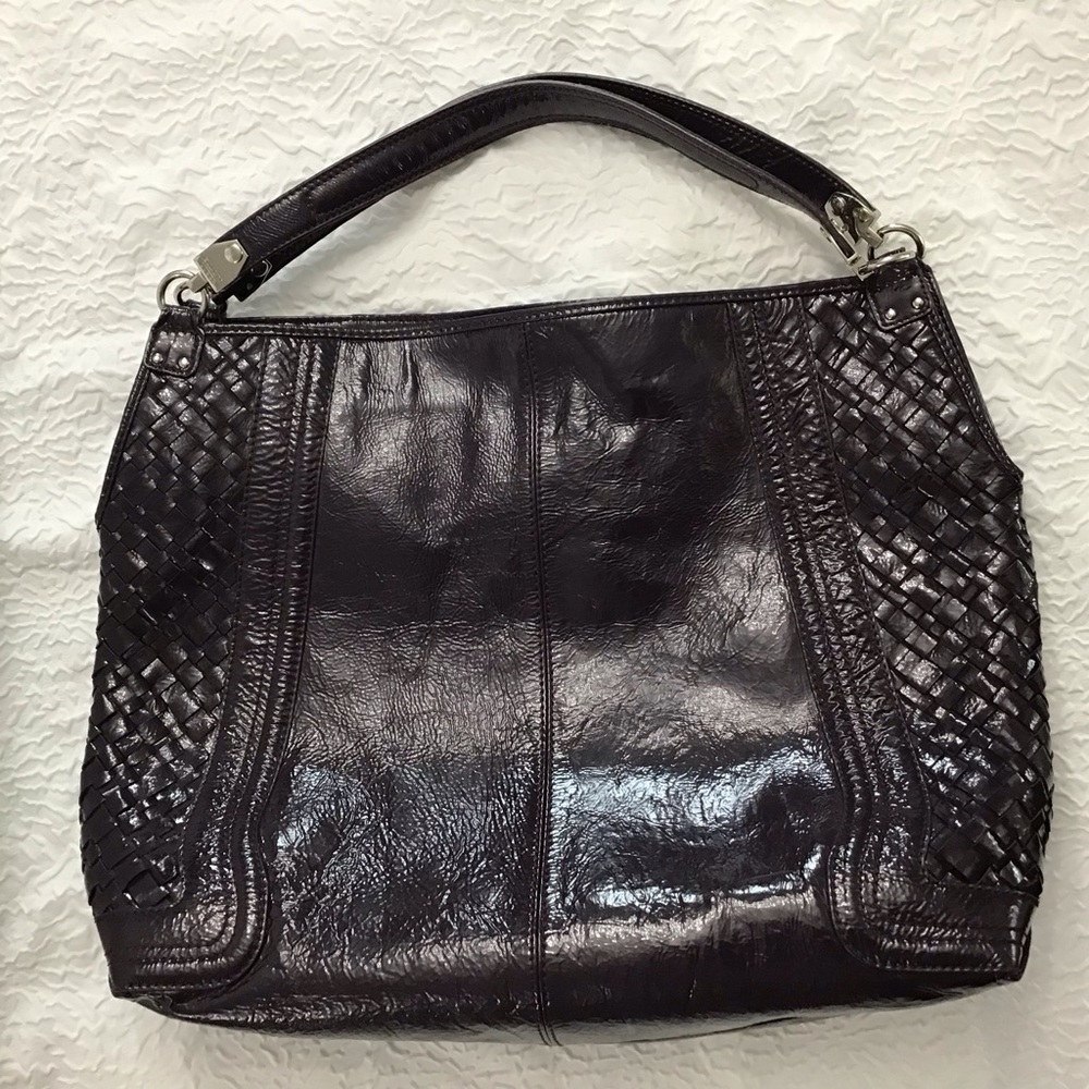 Elliott Lucca Eggplant/Purple Woven Patent-Leather Handbag
